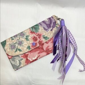 Handmade Vintage Floral Print Clutch with Purple Tassel Key Attachment